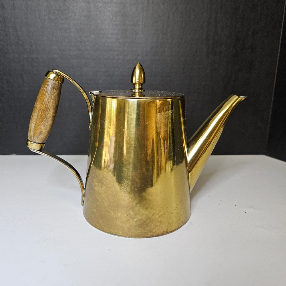 Vintage Brass Teapot with Wood Handle Mid Century Modern Gold Tone Tea Pot 10